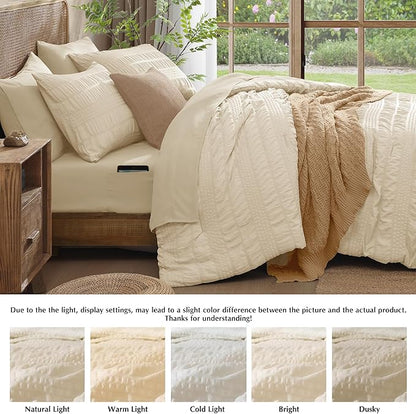 CASAAGUSTO Full Size Comforter Set, 7 Pieces Beige Seersucker Bed in a Bag Full Size Soft All Seasons, Bedding Sets with Comforter, Flat Sheet, Fitted Sheet, 2 Pillow Shams, 2 Pillowcases