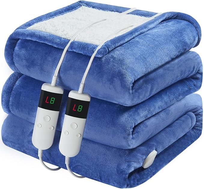Electric Heated Blanket King Size 90''x100'' Soft Flannel & Sherpa Electric Blanket with 10 Heating Levels, Automatically Shut Down After 8h with Overheat Protection Machine Washable