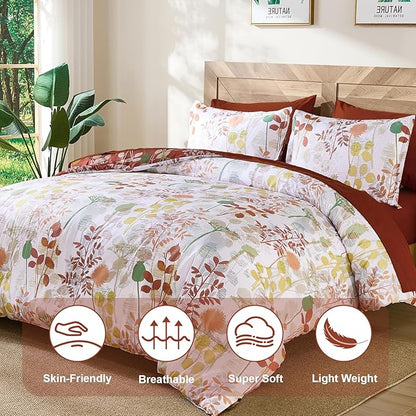 Anibedding 7Pieces King Size Comforter Set, Brown Botanical Bed in a Bag Complete Set with Sheet Pillowcase for Bedroom All Season