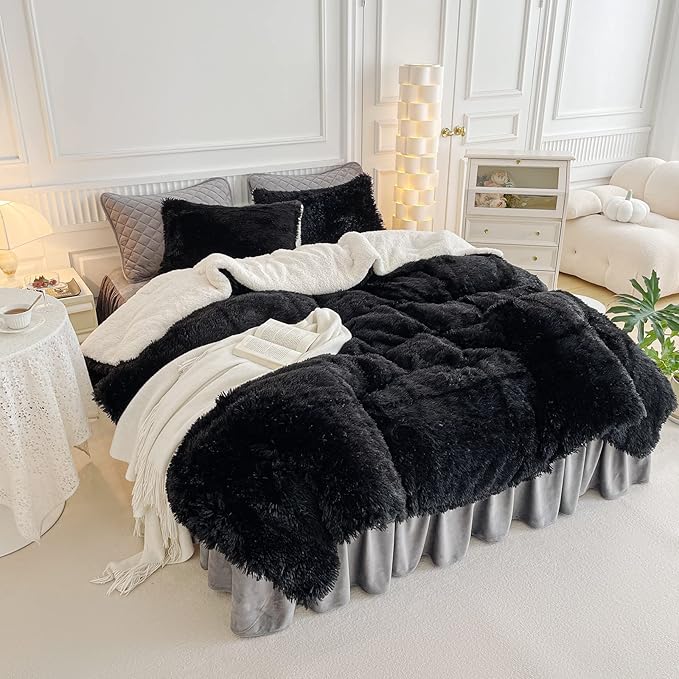 UOZZI BEDDING Black Faux Fur Comforter Set King 3 Pieces - 1 Black Shaggy Comforter Set 104x90 and 2 Pillowcases, Ultra Soft and Easy Care Luxury Plush Shaggy Duvet Set