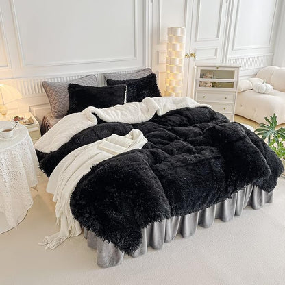 UOZZI BEDDING Black Faux Fur Comforter Set King 3 Pieces - 1 Black Shaggy Comforter Set 104x90 and 2 Pillowcases, Ultra Soft and Easy Care Luxury Plush Shaggy Duvet Set