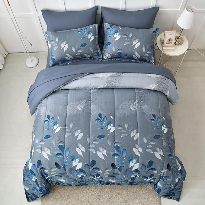 Anibedding Blue Comforter Set California King Size 7 Piece Navy Botanical Gradient Leaves Ultra Soft Lightweight Reversible Microfiber Bedding Comforter Set for All Season