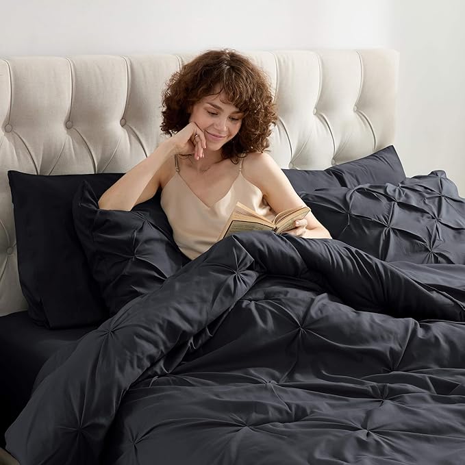 Nestl California King Comforter Set 7 Piece - Pintuck Cal King Comforter Set Black, California King Bed in a Bag, All Season Bed Set with Flat Sheet and Fitted Sheet, Pillowcases and Shams