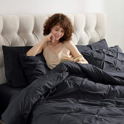 Nestl California King Comforter Set 7 Piece - Pintuck Cal King Comforter Set Black, California King Bed in a Bag, All Season Bed Set with Flat Sheet and Fitted Sheet, Pillowcases and Shams