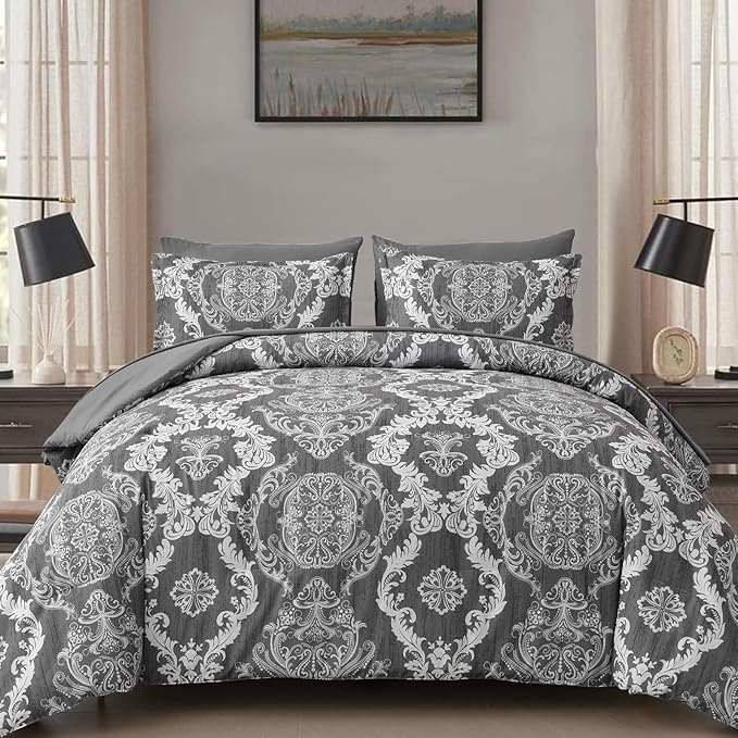 WONGS BEDDING Dark Grey Comforter Set King Size, Damask Texture 7 Pieces Bed in a Bag Microfiber Comforter Bedding Sets -1 Comforter, 1 Flat Sheet, 1 Fitted Sheet, 2 Pillow Shams, 2 Pillowcases