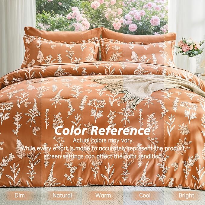 MUXHOMO Burnt Orange Bed in a Bag Queen 7 Pieces, Queen Comforter Set Reversible Botanical Flowers Design, Ultra Soft & Breathable Bedding Sets with Comforter, Sheets, Pillowcases & Shams