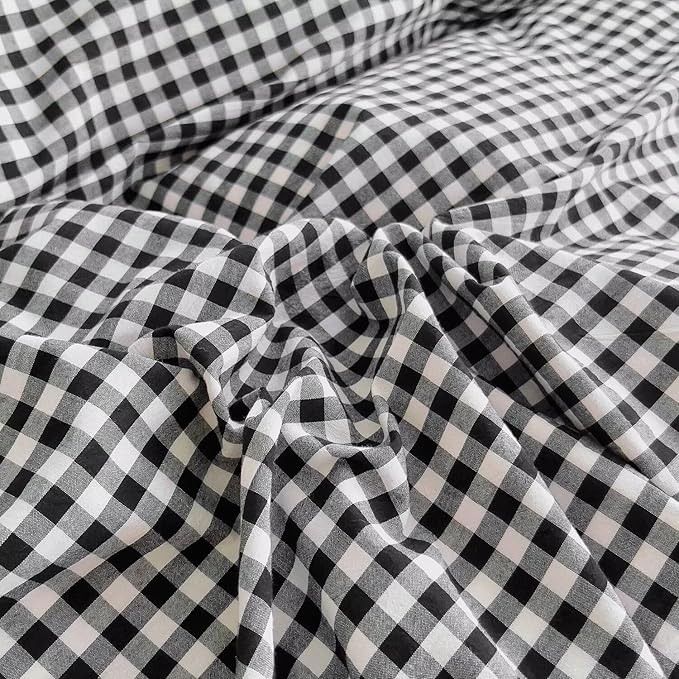 mixinni Vintage Black Gingham Ruffle Comforter Set 3-Piece Washed Cotton Queen Size Grid Bedding Set with Geometric Checkered Pattern, Farmhouse Chic Soft Fluffy Comforter for All-Season