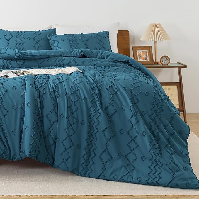 Andency Teal Tufted Comforter Set Full(79x90Inch), 3 Pieces(1 Boho Comforter, 2 Pillowcases) Textured Farmhouse Bed Set, Soft Microfiber Down Alternative Geometric Bedding