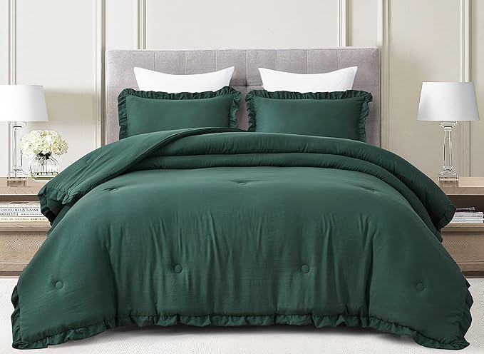 Chezmoi Collection Nora Emerald Green Comforter Set Full Size 3-Piece Fluffy Soft Lightweight Bedding Ruffled Edge Trim Stone-Washed Microfiber Comforter Set for All Season