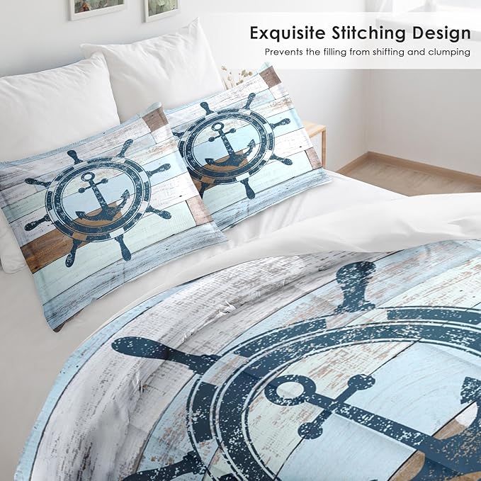 Comforter Set Twin Size, Vintage Wheel Anchor 2 Pcs Soft Bedding Set for Kids and Adults, Retro Blue Sea Woodboard Comforter Set with Pillowcase, for Bedroom Bed Decor