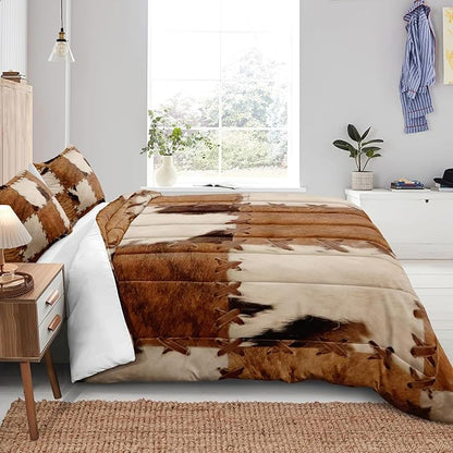 MOVE OVER Western Cowboy Comforter Set King Size Brown Cowhide Comforter Set 4 Pieces Animal Fur Bedding Set Soft Microfiber Cow Printed Bedding Sets for All Season