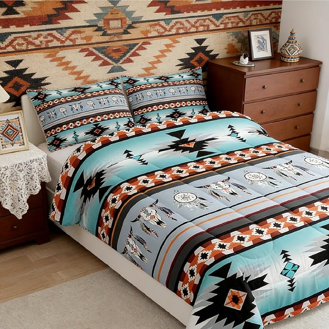 Erosebridal Western Boho Duvet Insert Twin,Cow Dream Catcher Comforter Set Southwestern Bedding Set,Ethnic Tribe Arrow Aztec Bed Quilt Retro Vintage Exotic Longhorn Skull Bohemian Decor Green