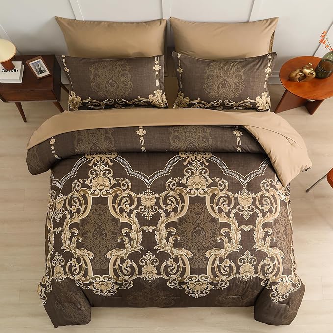 Mybedsoul 7 Pieces Coffee Comforter Set King Size, Damask Bed in a Bag for King Bed, Lightweight Microfiber Boho Bedding Sets with Comforter, Sheet, Pillowcases & Shams for All Season(90"x104")