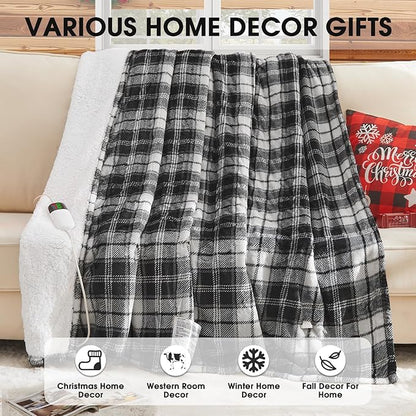 Black Heated Blanket Electric Throw, 50X60 Heating Throw with 10 Heats Levels & 8 Hours Auto Off, Plaid Soft Sherpa Blankets Warmer Gifts for Men Dad Boys Home Decor for Living Room Bedroom Office