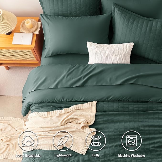 CozyLux Queen Comforter Set Forest Green Seersucker 7 Pieces Bed in a Bag Queen Comforter Set with Sheets, Luxury Bedding Sets with Down Alternative Comforter, Sheets, Pillowcases & Shams All Seasons