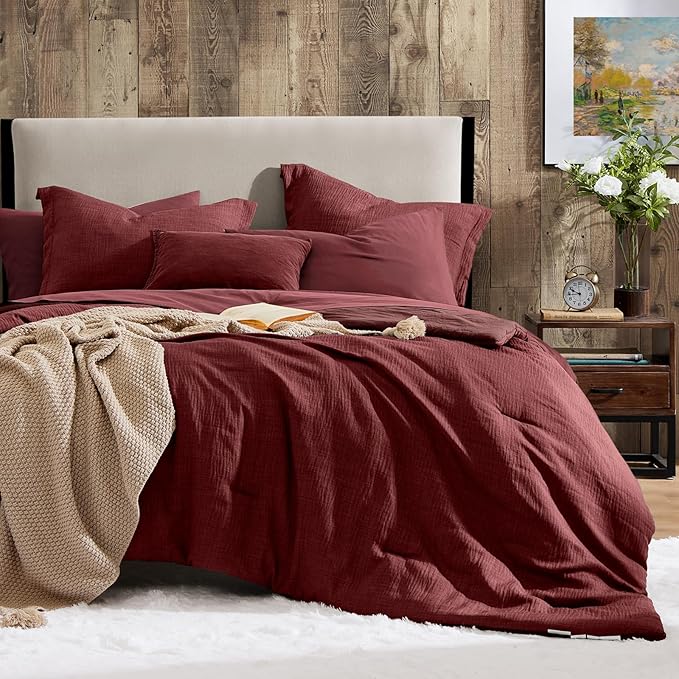 Geniospin King Comforter Set - 7 Pieces Comforter King Size, Soft Solid Bedding Set for All Season, Dark Red Textured Bed in a Bag with Sheets, Pillowcases & Shams