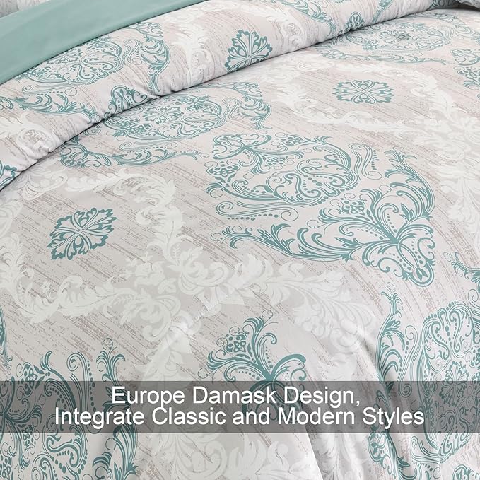 WONGS BEDDING Aqua Comforter Set Queen Size, Damask Texture 7 Pieces Bed in a Bag Microfiber Bohemian Comforter Bedding Sheet Set with Comforter, Flat Sheet, Fitted Sheet,Pillow Shams,Pillowcases