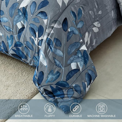 Anibedding Blue Comforter Set California King Size 7 Piece Navy Botanical Gradient Leaves Ultra Soft Lightweight Reversible Microfiber Bedding Comforter Set for All Season