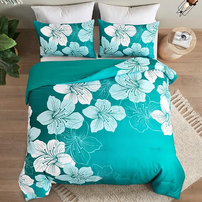 Menghomeus Queen Comforter Set Gradient Teal Bedding Floral Comforter Sets - Soft Microfiber Bed Comforter Set for All Season, 3 Piece Botanical Flowers Comforter, Pillowcases