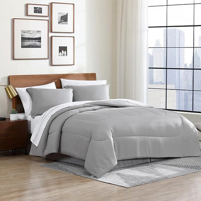 Cathay Home Basic Bedding Essential Ultra Soft Lightweight 8PC Wrinkle Resistant Microfiber Bed in a Bag Set (Includes Complete Sheet Set, Comforter & Bedskirt) - Full, Light Gray
