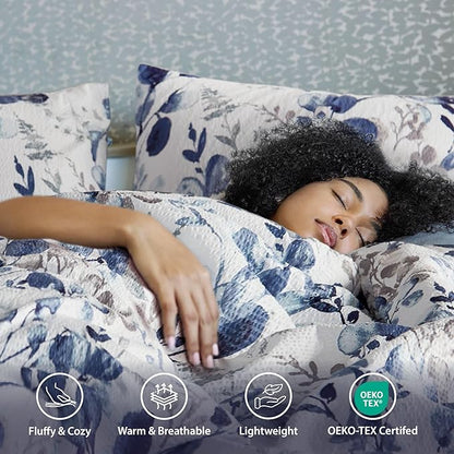 Lightweight Seersucker Botanical Queen Size Comforter Set, 3 Pieces Reversible Design Bed Comforter, Premium Microfiber Bedding Set, Comforter and Shams Set, Blue