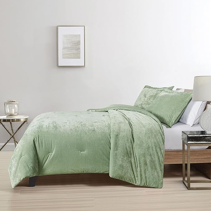 Luxury Velvet King Size Comforter Set, 3 Pieces Reversible Brushed Solid Microfiber Back, All Season Cozy, Soft, Warm (Sage Green,104x90 in)
