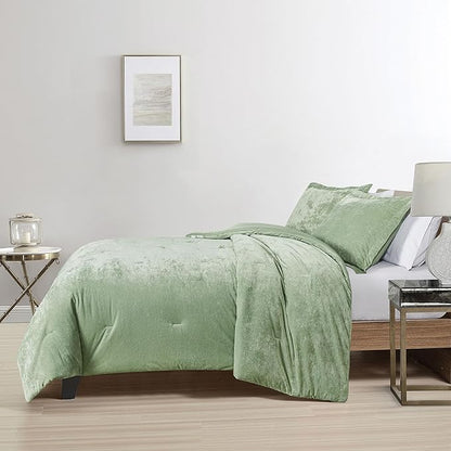 Luxury Velvet King Size Comforter Set, 3 Pieces Reversible Brushed Solid Microfiber Back, All Season Cozy, Soft, Warm (Sage Green,104x90 in)