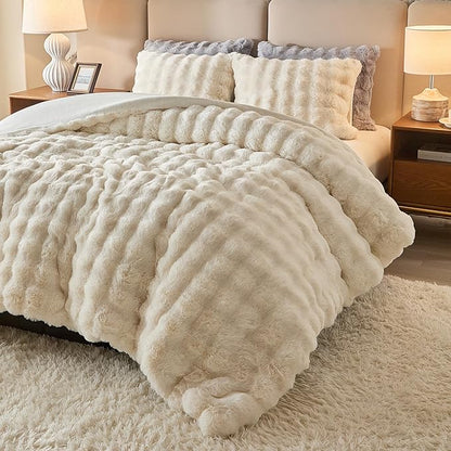 Full Faux Rabbit Fur Comforter Set - 3 Pieces Fluffy Bedding Set Ultra Soft Warm Shaggy Winter Flannel Bed Set, Luxury Skin Friendly Sherpa Comforter Set & Pillow for Thanksgiving Cream White Beige