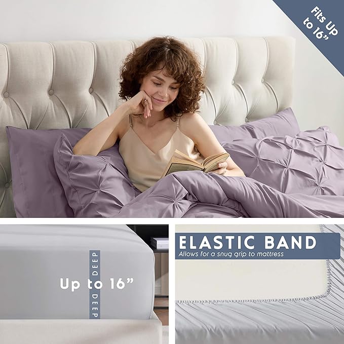 Nestl Queen Comforter Set 7 Piece - Pinch Pleated Comforters Queen Size Dusty Purple, Bed in a Bag Queen All Season, Queen Comforter Sets Bedding with Flat Sheet, Fitted Sheet, Pillowcases and Shams