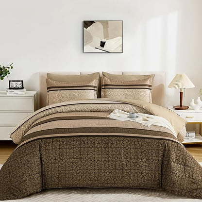 WONGS BEDDING 7 Pieces Comforter Set King Size, Brown Striped Bed in a Bag Comforter and Sheet Set, Minimalist Geometric Bohemian Soft Lightweight Micorfiber Bedding Set for All Season (90"×104")