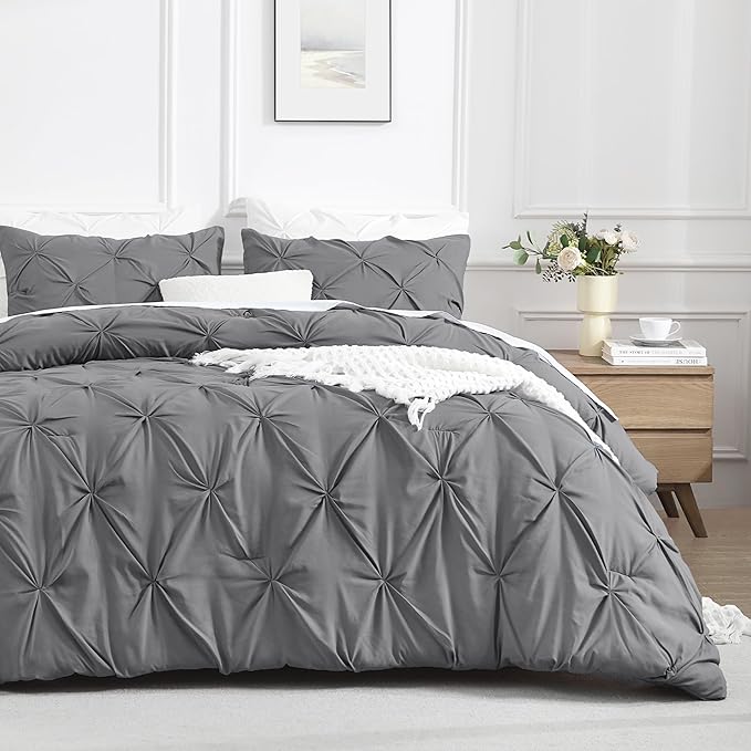 Andency California King Comforter Set Medium Gray (104x96Inch), Pinch Pleat Cal King Comforter Set 3 Pieces, Oversized King Pintuck Bed Comforter, Microfiber Down Alternative Comforter Bedding Set