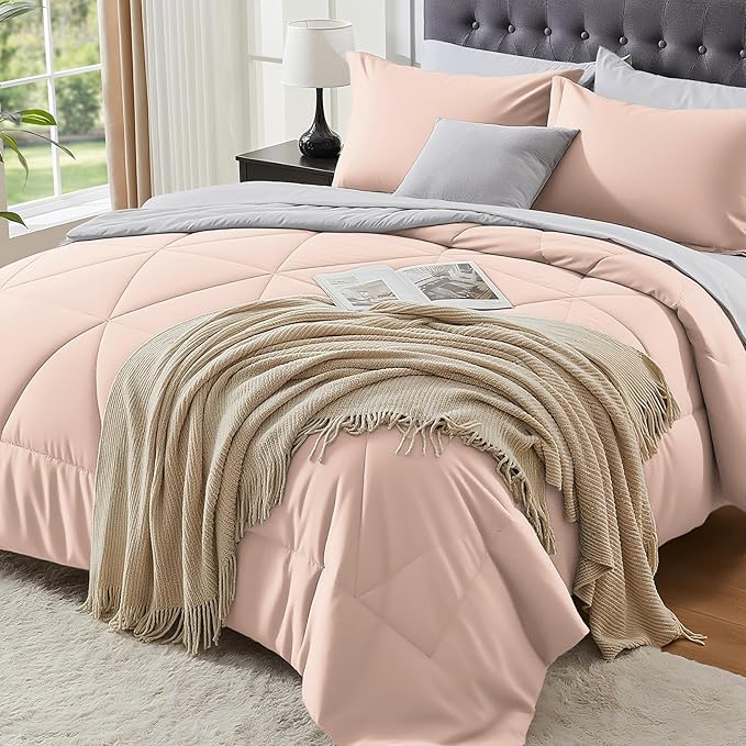 BEDELITE King Size Comforter Set 7 Pieces Bed in A Bag - Soft Microfiber Reversible Dusty Pink Bed Set with Comforters, Sheets, Pillowcases & Shams, Cozy Luxury Bedding Sets for All Season