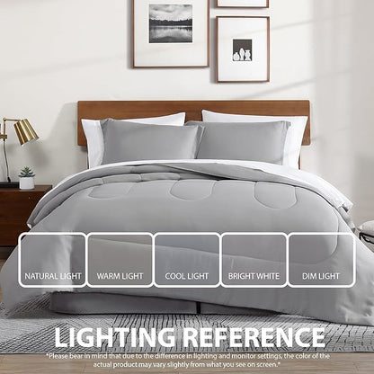 Cathay Home Basic Bedding Essential Ultra Soft Lightweight 8PC Wrinkle Resistant Microfiber Bed in a Bag Set (Includes Complete Sheet Set, Comforter & Bedskirt) - Full, Light Gray