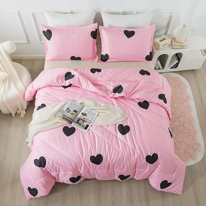 Caressma Love Pattern Girls Pink Comforter Set King Size, Blush Pink Cute Love Heart Sexy Comforter Bedding Set for All Seasons, Soft Microfiber 3 Pieces Comforter Set with Pillowcases