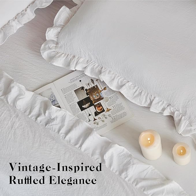 MR&HM Queen Comforter Set White, Comforter Set 7 Pieces for Girls Women, Shabby Chic Vintage Cottagecore Bed Sets Elegance Boho Bed in a Bag, Ultra-Soft & Fluffy Comforter for All Season