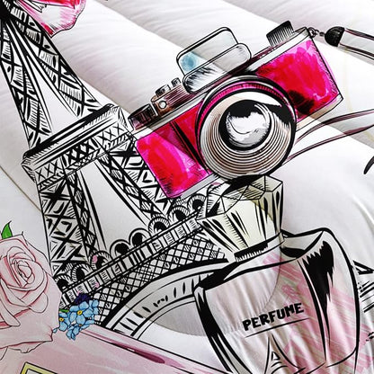 HOSIMA Pink Paris Bedroom Comforter Set,French Eiffel Tower Bedding Sets Romantic Paris Decor for Bedroom,Paris Bedding Sets for Girls Women Room Decor Fluffy Comforter Queen Size with 2Pillowcases.