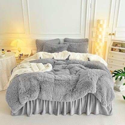 UOZZI BEDDING Gray Faux Fur Comforter Set King 3 Pieces - 1 Shaggy Comforter 104x90 and 2 Pillowcases, Ultra Soft and Easy Care Luxury Plush Super Warm Winter Shaggy Duvet Set