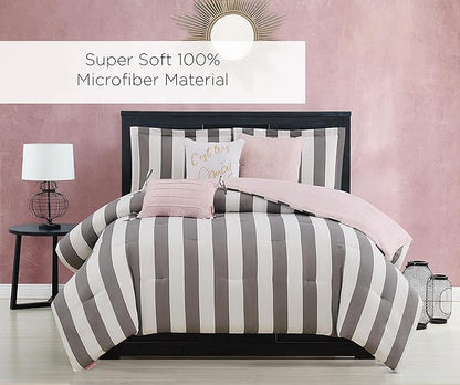 Juicy Couture – Comforter Set, Cabana Stripe Design, Twin Bedding, 5 Piece Set Includes 1 Comforter, 1 Sham and 3 Decorative Pillows, 100% Microfiber Polyester, Wrinkle Resistant