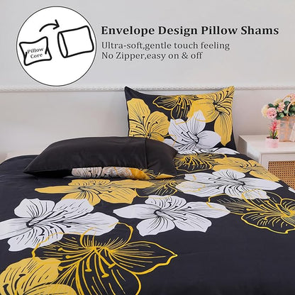 Menghomeus Queen Comforter Set Black/Gold Floral Bedding Comforter Sets Soft Microfiber Bed Comforter Set for All Season, 3 Piece Botanical Flowers Comforter, Pillowcases