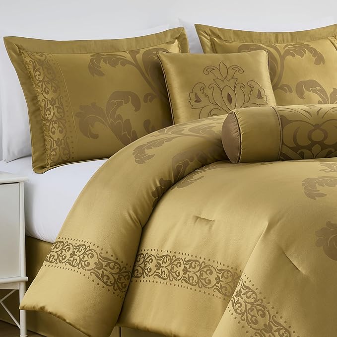 Chezmoi Collection 7-Piece Jacquard Floral Comforter Set (King, Gold)
