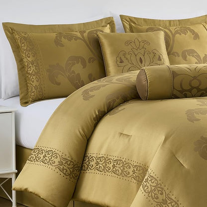 Chezmoi Collection Royale 7-Piece Jacquard Floral Comforter Set, Oversized King, Gold