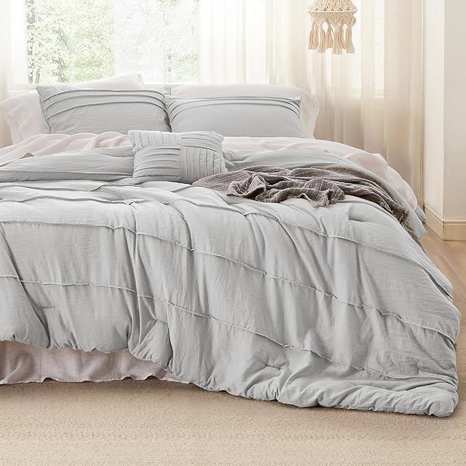 Bedsure California King Comforter Set - 4 Pieces Pinch Pleat Bed Set, Light Grey Boho Bedding for All Season, 1 Soft Comforter, 2 Pillowcases, 1 Decorative Pillow