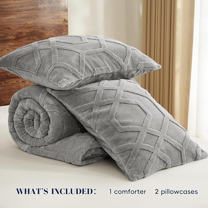PHF Warm Sherpa Fleece King Comforter Set, 3D Tufted Fluffy Grey Bedding for Winter, Soft 2 Pieces Shaggy Bed Set, 1 Comforter (104"x90") and 2 Pillowcases (20"x36")