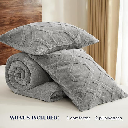 PHF Warm Sherpa Fleece Queen Comforter Set, 3D Tufted Fluffy Grey Bedding for Winter, Soft 3 Pieces Shaggy Bed Set, 1 Comforter (90"x90") and 2 Pillowcases (20"x26")