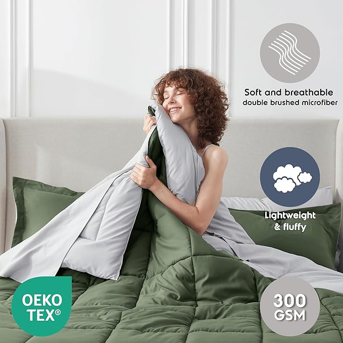 Nestl 7 Piece King Comforter Set – Olive Green Reversible Bed in a Bag – Complete King Size Bedding Set with Sheets, Pillowcases and Shams