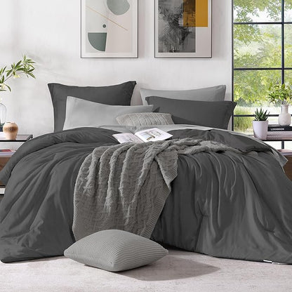 Monbix California King Comforter Set - 7 Pieces Cationic Dyeing Dark Grey Bed in a Bag Cal King Bed Sets with Comforter, Sheets, Pillowcases & Shams, Reversible Bedding Comforters Sets