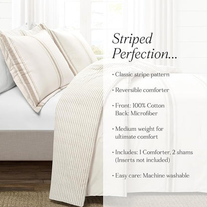 Lush Decor Farmhouse Stripe Reversible Cotton Comforter Set, 3 Piece Set, King, Neutral - Cozy Farmhouse Bedding Set - Rustic Decor - Striped Comforter - Modern Farmhouse Bedroom Decor