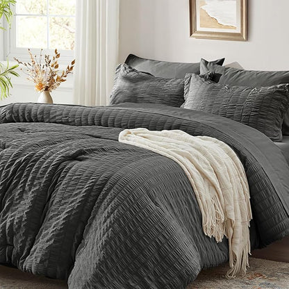 Zzlpp King Comforter Set 7 pieces, Dark Grey Seersucker Bed in a Bag with Comforter and Sheets, All Season Bedding Sets with 1 Comforter, 2 Pillow Shams, 2 Pillowcases, 1 Flat Sheet, 1 Fitted Sheet