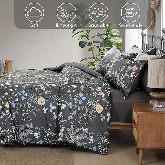 Yiran 7 Piece Grey Floral Comforter Set Queen Size, Botanical Flowers Bed in a Bag Queen, Soft Microfiber Complete Bedding Set with Sheets for All Season