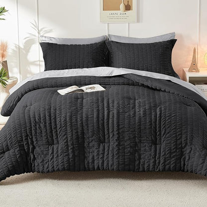HYMOKEGE Black/Light Grey King Size Comforter Set Seersucker 7 Pieces, All Season Luxury Bed in a Bag for Bedroom, Bedding Set with Comforter, Sheets, Pillowcases & Shams